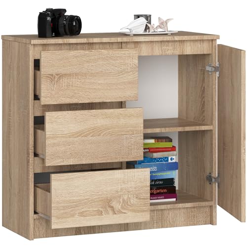 BDW - Kommode mit 3 Schubladen und 1 Tür - 80 cm breit, 77 cm hoch - Schrank, Sideboard, Mehrzweck-, Schuhschrank, Schubladenkommode, Aktenschrank - Wohn-, Schlafzimmer, Flur - Eiche Sonoma von BDW