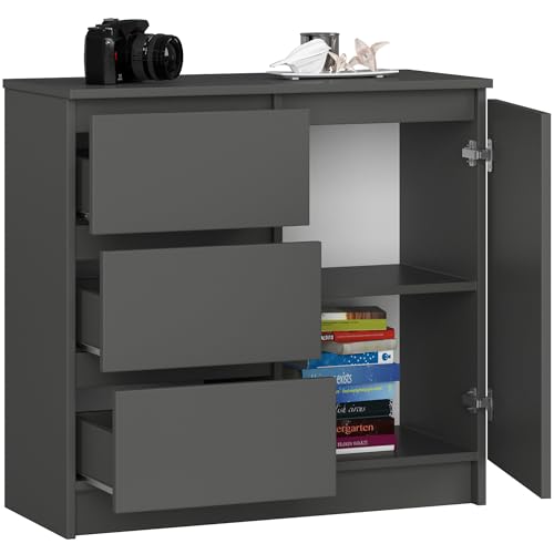 BDW - Kommode mit 3 Schubladen und 1 Tür - 80 cm breit, 77 cm hoch - Schrank, Sideboard, Mehrzweck-, Schuhschrank, Schubladenkommode, Aktenschrank - Wohn-, Schlafzimmer, Flur - Grau von BDW