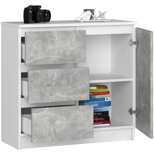BDW - Kommode mit 3 Schubladen und 1 Tür - 80 cm breit, 77 cm hoch - Schrank, Sideboard, Mehrzweck-, Schuhschrank, Schubladenkommode, Aktenschrank - Wohn-, Schlafzimmer, Flur - Weiss/Beton von BDW