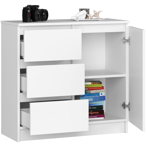 BDW - Kommode mit 3 Schubladen und 1 Tür - 80 cm breit, 77 cm hoch - Schrank, Sideboard, Mehrzweck-, Schuhschrank, Schubladenkommode, Aktenschrank - Wohn-, Schlafzimmer, Flur - Weiss von BDW