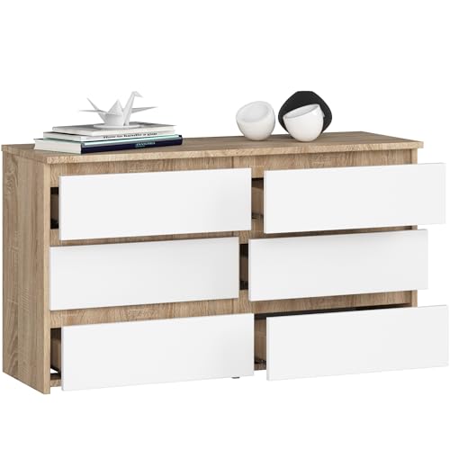 BDW - Kommode mit 6 Schubladen - 100 cm breit, 57 cm hoch - Schrank, Sideboard, Mehrzweck-, Schuhschrank, Schubladenkommode, Aktenschrank - Wohn-, Schlafzimmer, Flur - Eiche Sonoma/Weiss von BDW