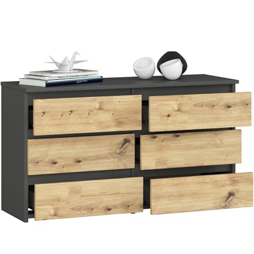 BDW - Kommode mit 6 Schubladen - 100 cm breit, 57 cm hoch - Schrank, Sideboard, Mehrzweck-, Schuhschrank, Schubladenkommode, Aktenschrank - Wohn-, Schlafzimmer, Flur - Grau/Eiche Artisan von BDW