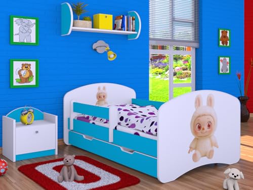 BDW LABU Kinderbett mit Matratze, Lattenrost und Schublade, 140x70/160x80/180x90/190x90 cm, mit Fallschutzgitter, BLAU (2, 160x80) von BDW