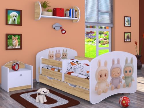 BDW LABU Kinderbett mit Matratze, Lattenrost und Schublade, 140x70/160x80/180x90/190x90 cm, mit Fallschutzgitter, Craft-Eiche (1, 140x70) von BDW