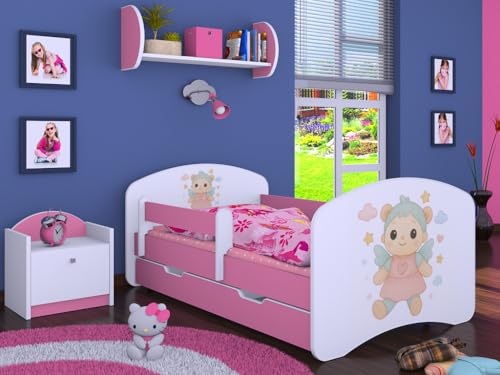 BDW LABU Kinderbett mit Matratze, Lattenrost und Schublade, 140x70/160x80/180x90/190x90 cm, mit Fallschutzgitter, ROSA (4, 190x90) von BDW
