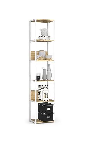 BDW Modernes Loft-Regal Aus Metall – Regal Wohnzimmer – Regal Industrial Style – 6 Einlegeböden - Industrial Möbel – Vintage Regal – Wandregal Industrial Style – 192x40x32cm – Weiss/Eiche Artisan von BDW