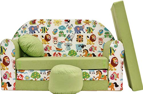 BDW Schlafsofa für Kinder mit Sitzhocker/Kissen, Coton, grün, 168 x 98 x 60 cm von BDW