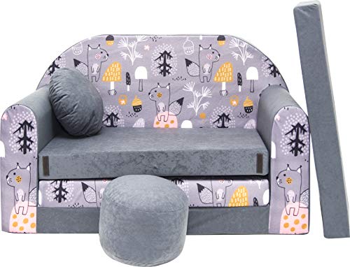 BDW Schlafsofa für Kinder mit Sitzhocker/Kissen, Coton, GRAU 168 x 98 x 60 cm von BDW