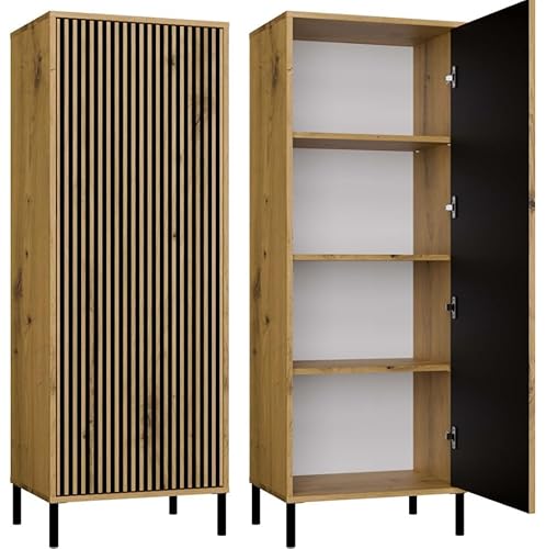 BDW - Schrank Regal, Schrank mit Latten und geriffelter Front Kamaro Slim - Vitrine, Aufbewahrungsmöbel, Eingangsbereich - Regal für Büro, Wohnzimmer - 1 Tür - Eiche Artisan von BDW