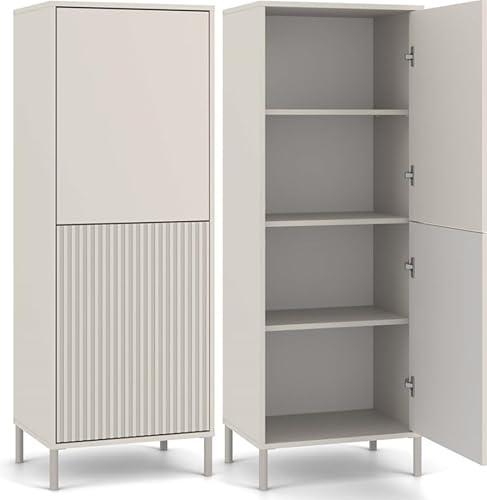 BDW - Schrank Regal, Schrank mit Latten und geriffelter Front Kamaro Slim - Vitrine, Aufbewahrungsmöbel, Eingangsbereich - Regal für Büro, Wohnzimmer - 2 Türen - Cashemire von BDW