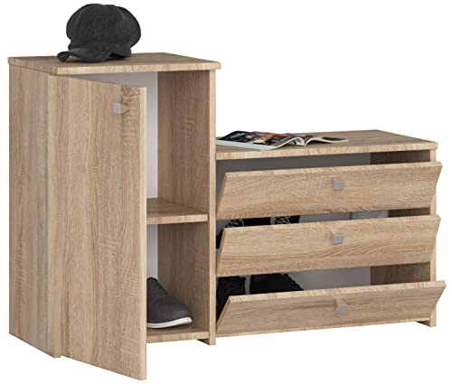 BDW - Schuhschrank - Kommode - Sitzbank mit Stauraum - mit 3 Klapptüren - Schuhkipper - Dielen- & Flurmöbel - Kommodenschrank - Schuhregal - Flurschrank - Modern - Klein - Eiche Sonoma von BDW