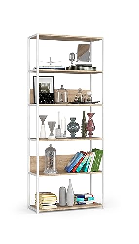 BDW Wandregal Industrial Style – Industrial Möbel – Modernes Loft-Regal Aus Metall – Vintage Regal – Regal Wohnzimmer – Regal Industrial Style ––192x80x32cm - 6 Einlegeböden – Weiss/Eiche Sonoma von BDW