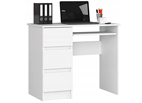 BDW Computertisch Weiß mit 3 Schubladen auf der linken Seite und Einer ausziehbaren Schublade für die Tastatur. EIN Schreibtisch für einen Desktop- oder Laptop-Computer, 90x77x50 von BDW