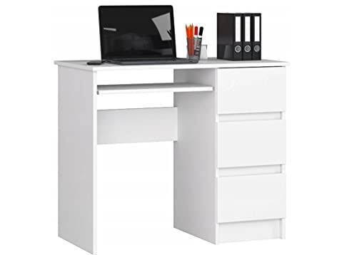 BDW Computertisch Weiß mit 3 Schubladen auf der rechten Seite und Einer ausziehbaren Schublade für die Tastatur. EIN Schreibtisch für einen Desktop- oder Laptop-Computer,90x77x50 von BDW