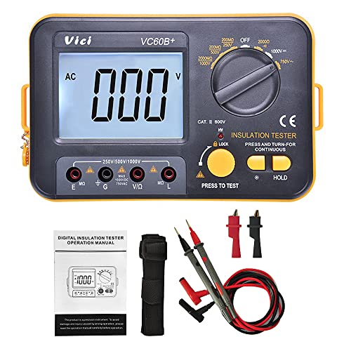 BE-TOOL Megger Megohm Meter VCB60+ Digitaler Isolationswiderstandstester, 1000 V, 0,1~2000 MΩ (schwarz + orange) von BE-TOOL