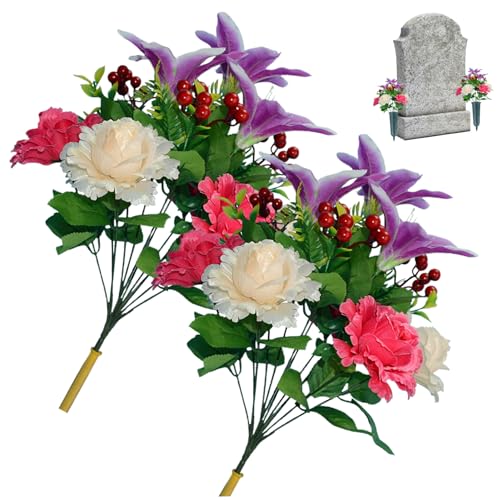 BEAHING 2 Bündel künstliche Blüten für Gräber Grabblüten 12 Köpfe Friedhofsblüten Rose und Lily Memorial Seidenblumen für Gräber Grabsteine ​​Grabdekorationen lila, Grabblumen für Friedhof von BEAHING