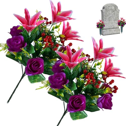 BEAHING 2 Bündel künstliche Blüten für Gräber Grabblumen 12 Köpfe Friedhofsblumen Rose und Lily Memorial Seidenblumen für Gräber Grabsteine ​​Grabdekoration Stil 2, Grabblumen für Friedhof von BEAHING