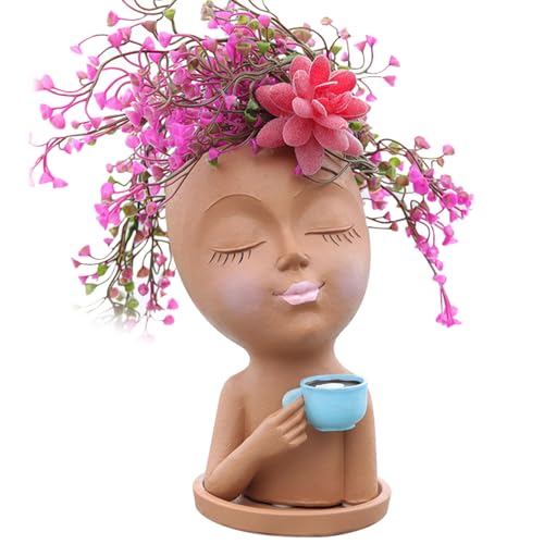 BEAHING Gesicht Pflanzer, Gesicht Pflanzer mit Tablett Dame trinkt Kaffee Gesichtstöpfe für Pflanzen wasserdichte Harz niedliche Pflanzentöpfe Kaffee Dame Köpfe Sukkulente Töpfe 4x7,8 Zoll braun von BEAHING