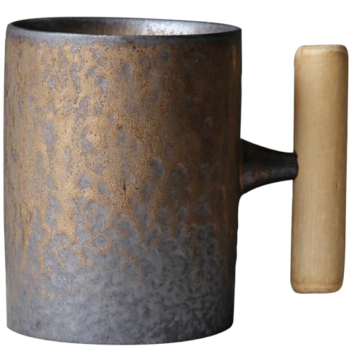 BEAHING Japanische Kaffeetasse, 310 ml Vintage Japanische Keramikbecher, Rostglasur hitzebeständiger Keramikkaffeetasse mit Holzgriff für Home Office Style 1, Vintage-Tassen von BEAHING