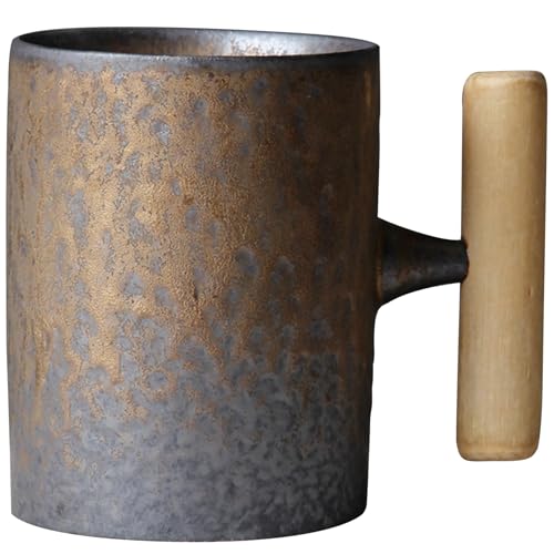 BEAHING Japanische Kaffeetasse, 310 ml Vintage Japanische Keramikbecher, rostglasurresistente Keramikkaffeetasse mit Holzgriff für Home Office Style 1 von BEAHING