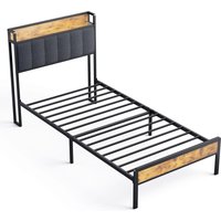 Einfachbett 90x200 cm in Metall mit gepolsterter Stoffkopfteil mit Stauraum – Bealife Lattenrost Kinder- und Jugendbett in Schwarz und Dunkelgrau von BEALIFE