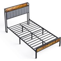 Schlichtes Metallbett 120x200 cm mit gepolstertem Stoff-Kopfteil, Stauraum und Lattenrost – Kinder- und Jugendbett in Schwarz und Hellgrau - Bealife von BEALIFE