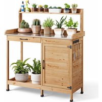 Bealife Umtopftisch mit Kiefernholz-Außenlagerregal, Gartentisch mit Metallablage, 3 Haken, 1 Tür und 1 Schublade von BEALIFE