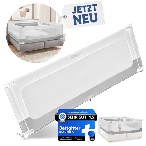 BEANBUDS® Bettgitter Rausfallschutz 200cm [1 Seite] - Bettschutzgitter Lattenrost & Boxspringbett - Baby Gitterschutz Elternbett & Kinderbett - inkl. extra Gurt zur Befestigung - Fallschutz Bett, Grau von BEANBUDS