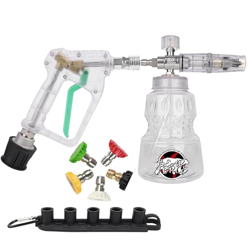 BEAR FORCE Transparentes Hochdruckreiniger-Pistolen-Set für die Autoreinigung mit 6,35 mm Schnellsteckschaumkanone 1 l & 5 Spitzen & Schlauchanschluss für M22-14/15 mm Anschlussschlauch, für von BEAR FORCE