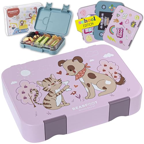 BEARFOOT Brotdose Kinder mit Fächern, BPA frei, Lunchbox, Bento box, Brotbox, Brotdose Mädchen & Jungen, Snackbox mit Trennfächern, Vesperbox für Kindergarten, Schule, groß (Lila - Hund&Katze) von BEARFOOT