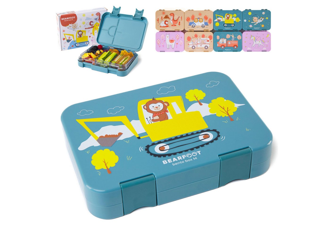 BEARFOOT Lunchbox Brotdose Kinder mit Fächern, Lunchbox, Bento box - Affe blau, handgezeichnete Designs, modular von BEARFOOT