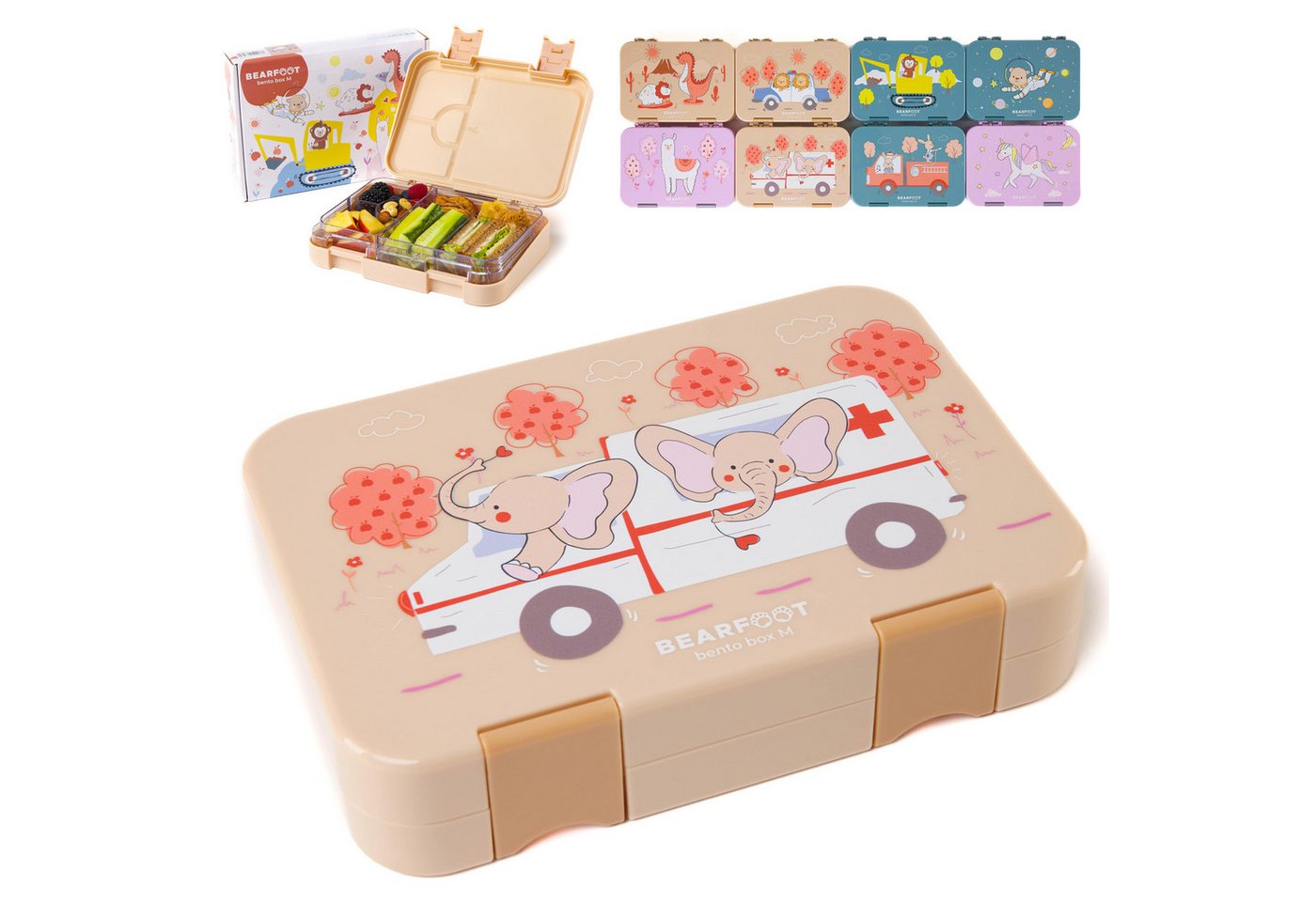 BEARFOOT Lunchbox Brotdose Kinder mit Fächern, Lunchbox, Bento box - Elefanten, handgezeichnete Designs, modular von BEARFOOT
