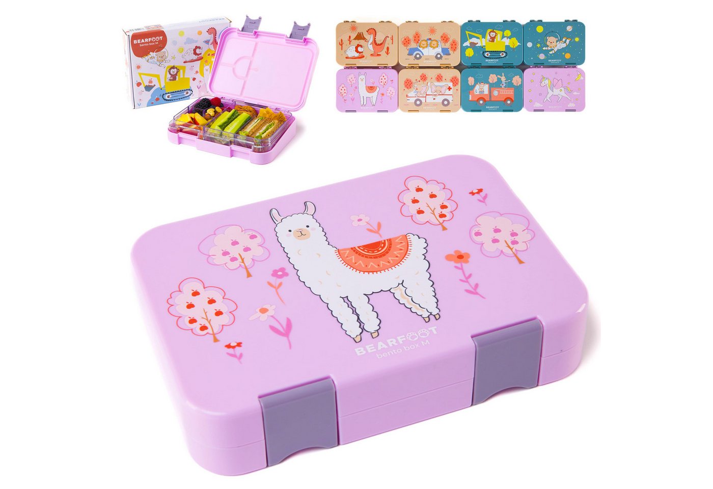 BEARFOOT Lunchbox Brotdose Kinder mit Fächern, Lunchbox, Bento box - Lama Lila, handgezeichnete Designs, modular von BEARFOOT
