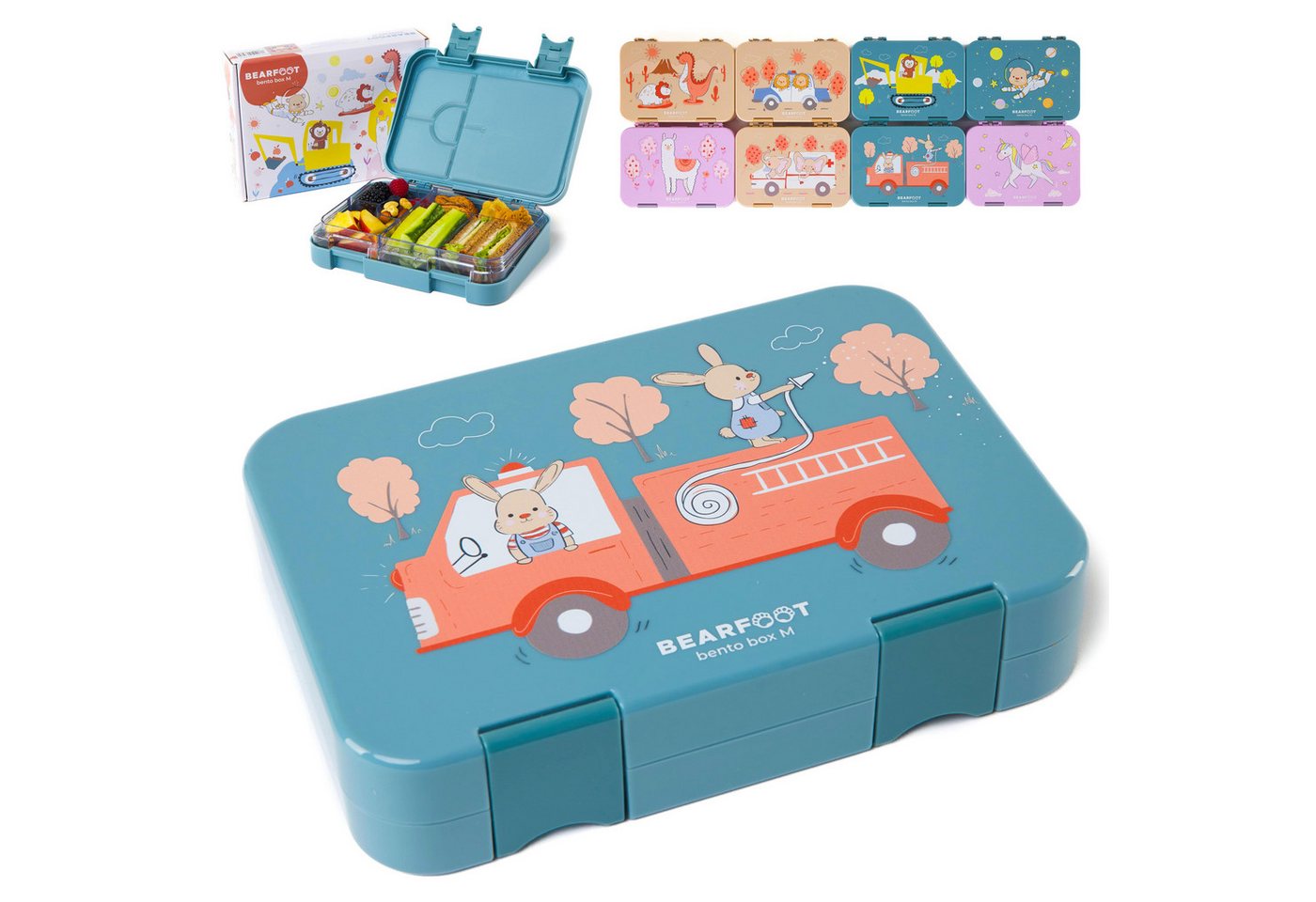 BEARFOOT Lunchbox Brotdose Kinder mit Fächern, Lunchbox, Bento box - Feuerwehr, handgezeichnete Designs, modular von BEARFOOT