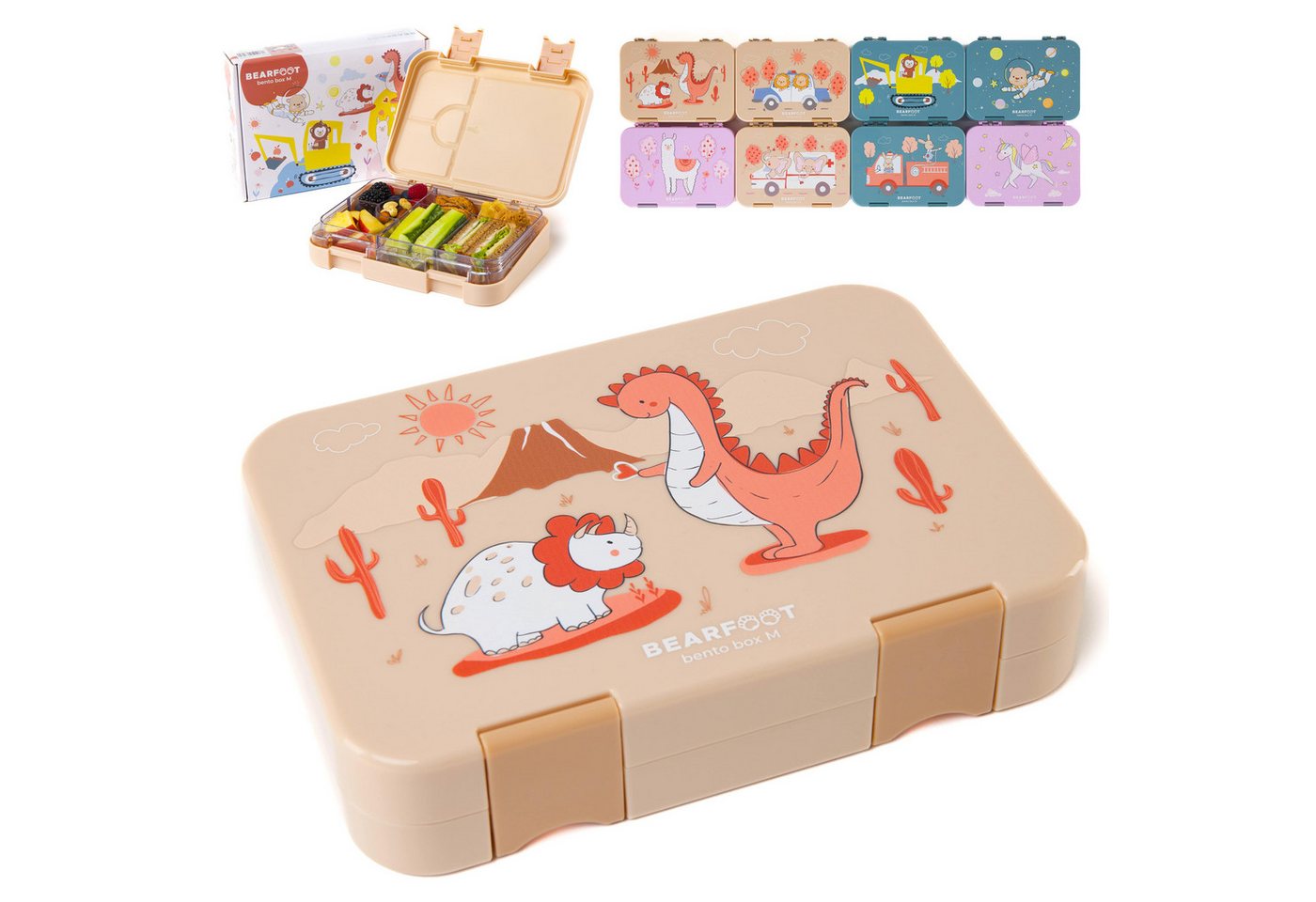 BEARFOOT Lunchbox Brotdose Kinder mit Fächern, Lunchbox, Bento box - Dinos, handgezeichnete Designs, modular von BEARFOOT