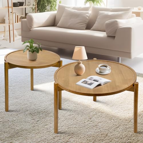 BEARUT Runde Couchtische aus Holz, 2er-Set, runder Beistelltisch, kleiner Beistelltisch, für Wohnzimmer, Schlafzimmer, Balkon, Massivholz von BEARUT