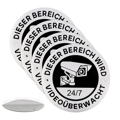 BEASAFY 4 Stück Schild Videoüberwachung, Ø10cm Runde Achtung Videoüberwachung Schild, Aluminium Warnschild Videoüberwachung mit Selbstklebend und 2 Bohrlöcher von BEASAFY