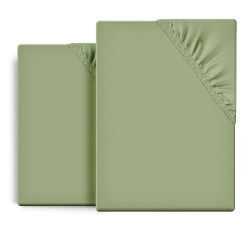 BEAUTEX 2er Set Spannbetttuch Bettlaken Baumwolle, Premium Jersey Stoff 160g/m², Größe und Farbe wählbar (2 Stück 100x200x15 cm, Olivegrün) von BEAUTEX