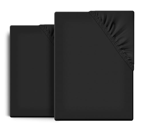 BEAUTEX 2er Set Spannbetttuch Bettlaken Baumwolle, Premium Jersey Stoff 160g/m², Größe und Farbe wählbar (2 Stück 90x200x30 cm, Schwarz) von BEAUTEX