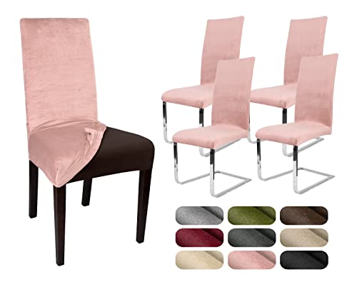 BEAUTEX 4er Set LEA Stuhlhusse, elastische Uni Stretch-Husse aus Samt Mikrofaser Farbe wählbar (Altrosa-Hell) von BEAUTEX
