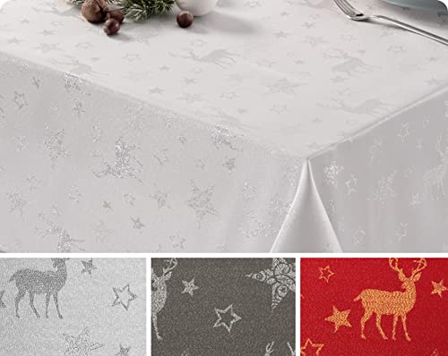 BEAUTEX Lurex Nordpol Elch Tischdecke, Silber oder Gold glänzend, Weihnachtstischdecke Tischläufer, Größe und Farbe wählbar (Eckig 130x160 cm, Weiß-Silber) von BEAUTEX