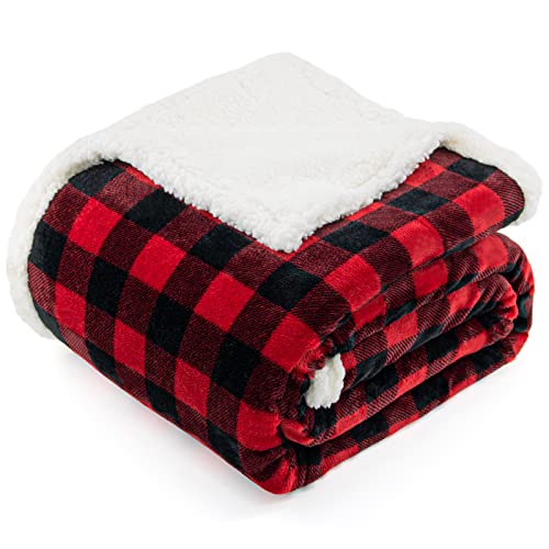 BEAUTEX Sherpa-Fleece-Flanelldecke, Doppelbettgröße, superweich, warm, Büffelkariert, Plüsch-Mikrofaser-Decken, gemütlich, flauschig, Weihnachtsdecke für Couch, Sofa, Bett (rot, 152,4 x 203,2 cm) von BEAUTEX