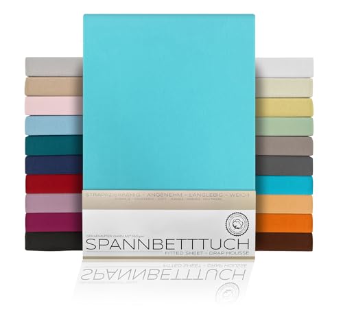 BEAUTEX Spannbetttuch Bettlaken aus Baumwolle, Premium Jersey Stoff 160g/m², Größe und Farbe wählbar (Standard - 100x200x30 cm, Türkis) von BEAUTEX