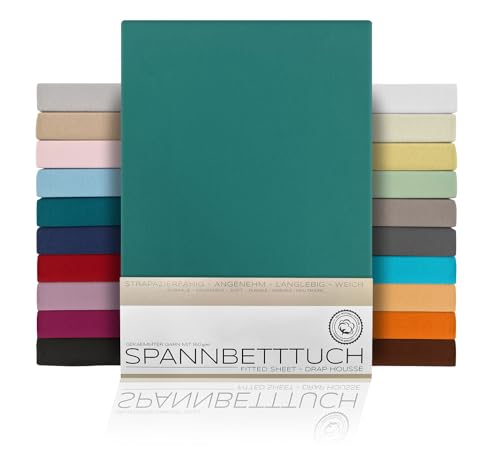 BEAUTEX Spannbetttuch Bettlaken aus Baumwolle, Premium Jersey Stoff 160g/m², Größe und Farbe wählbar (Boxspring - 90x200x45 cm, Petrol) BEAUTEX Spannbetttuch Bettlaken aus Baumwolle, Premium Jersey Stoff 160g/m², Größe und Farbe wählbar (Boxspring - 90x200x45 cm, Petrol) von BEAUTEX