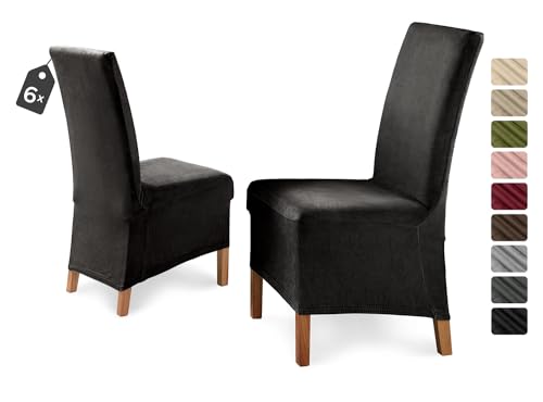 BEAUTEX Stuhlhussen Sets, Eva Samt Mikrofaser Stuhlbezug Lang, elastische Stretch Husse, Farbe wählbar (Schwarz 6er Set) von BEAUTEX