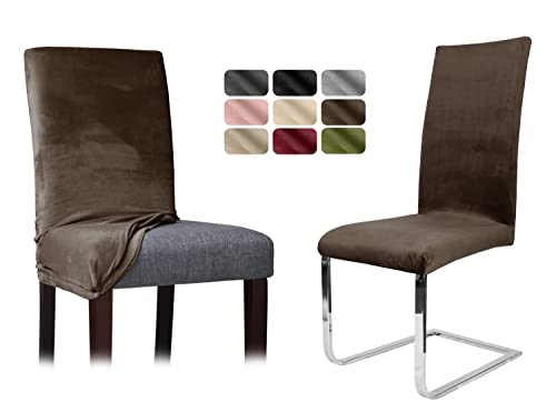 BEAUTEX Stuhlhussen Sets, Samt Mikrofaser Stuhlbezug, elastische Stretch Husse, Set -Größe und Farbe wählbar (Braun 2er Set) von BEAUTEX