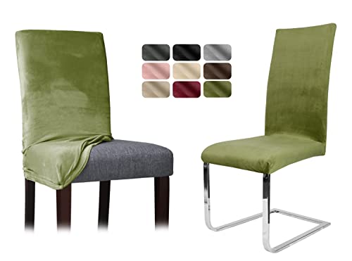 BEAUTEX Stuhlhussen Sets, Samt Mikrofaser Stuhlbezug, elastische Stretch Husse, Set -Größe und Farbe wählbar (Olivgrün 6er Set) von BEAUTEX
