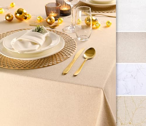 Baumwolle Tischdecke mit Fleckenschutz, glänzend, hochwertige Saumverarbeitung, Größe und Farbe wählbar (Oval 140x190 cm, Prag-beige/Gold) von BEAUTEX
