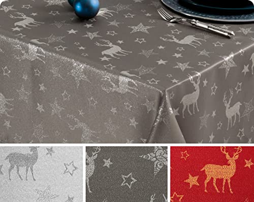 Lurex Nordpol Elch Tischdecke, Silber oder Gold glänzend, Weihnachtstischdecke Tischläufer, Größe und Farbe wählbar (Eckig 130x160 cm, Dunkelgrau-Silber) von BEAUTEX