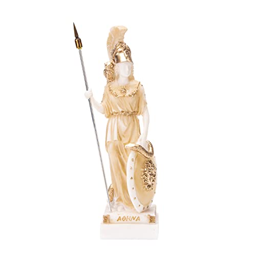 Athena mit Eule Medusa Halteschild griechische Göttin Alabaster Statue Gold 17,8 cm von BEAUTIFUL GREEK STATUES